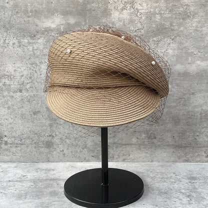 Elegant Mesh Pearl Beret Newsboy Hat Japanese Pleated Cap