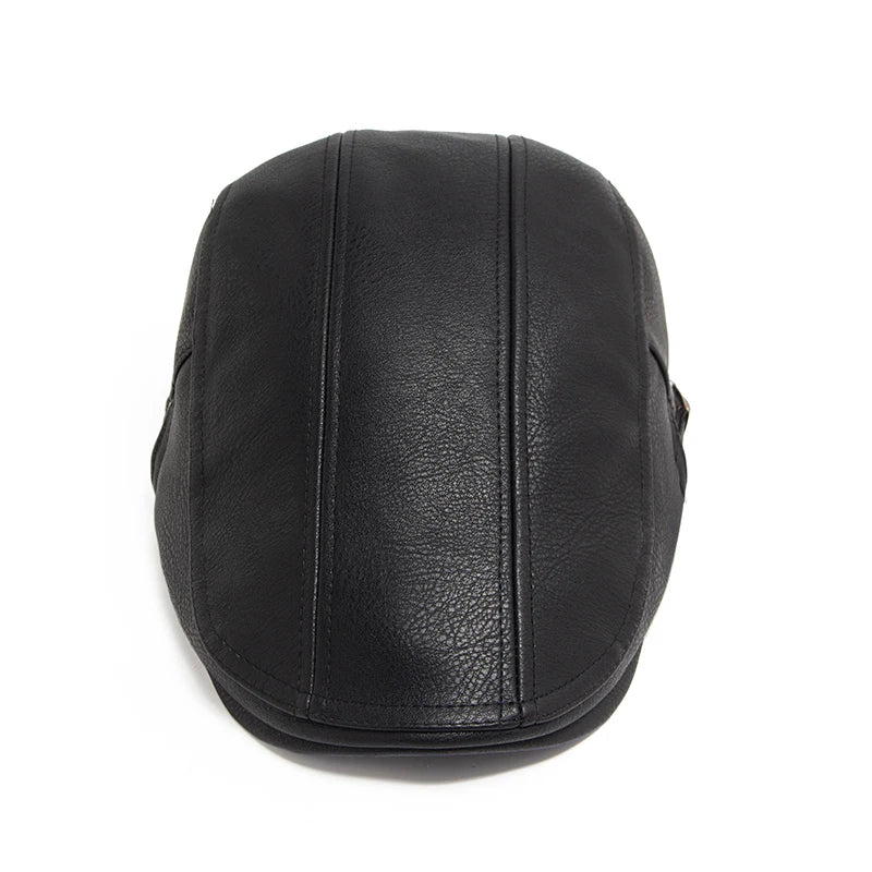 Fashion Men PU Leather Beret Autumn Winter Visor Flat Cap Thicken Warm Hat