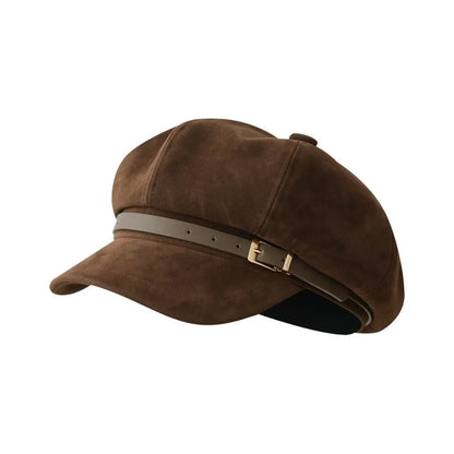 Personality British Style Pu Leather Beret Belt Buckle Brown Suede Octagonal Hat