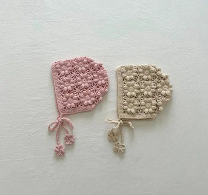 Baby Flower Hat Girls Hollow-Out Bonnet Jacquard Knitted Newborn Cap
