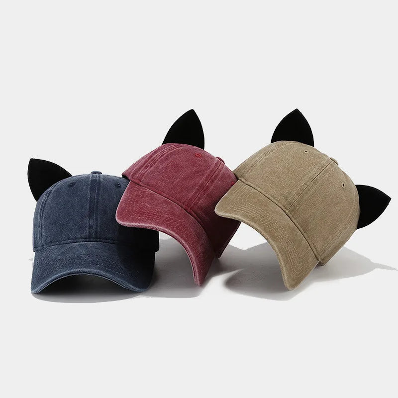 Washed Retro Cat Ear Baseball Cap Women