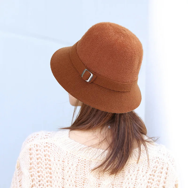 Women Knitted Bucket Hat Autumn Winter Solid Color