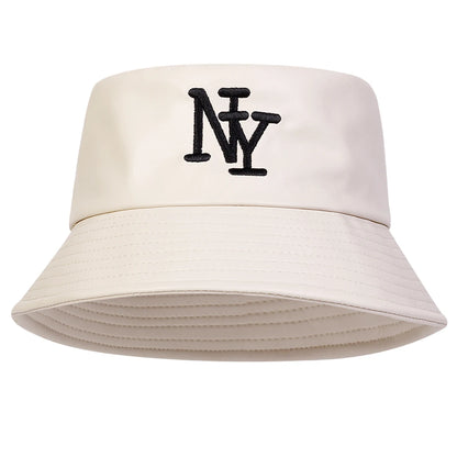 Unisex NY PU Leather Panama Fisherman Hat for Men Women Bucket Hat