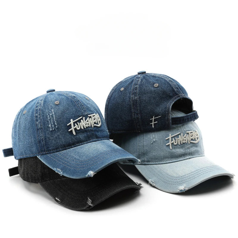 Japanese Retro Washed Denim Letter Embroidered Cap Outdoor Sports Men Travel