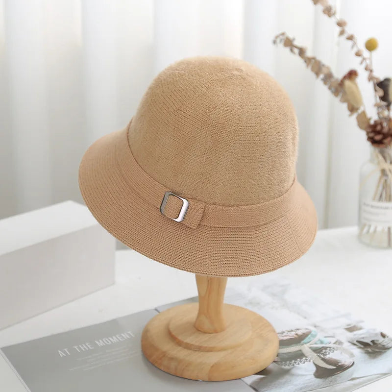 Women Knitted Bucket Hat Autumn Winter Solid Color