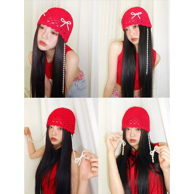 Pearl Bow Pendant Hollow Handmade Knitted Pullover Hat Street Korean
