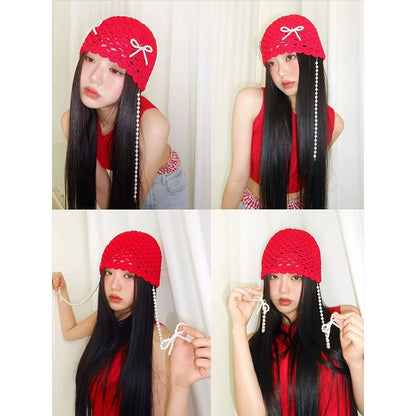 Pearl Bow Pendant Hollow Handmade Knitted Pullover Hat Street Korean