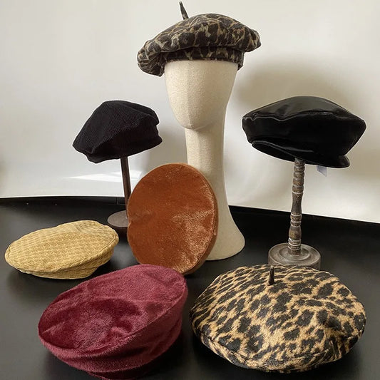 Women Leopard Print Beret Flying Saucer Hat Autumn Winter Warm Knit Artist Caps