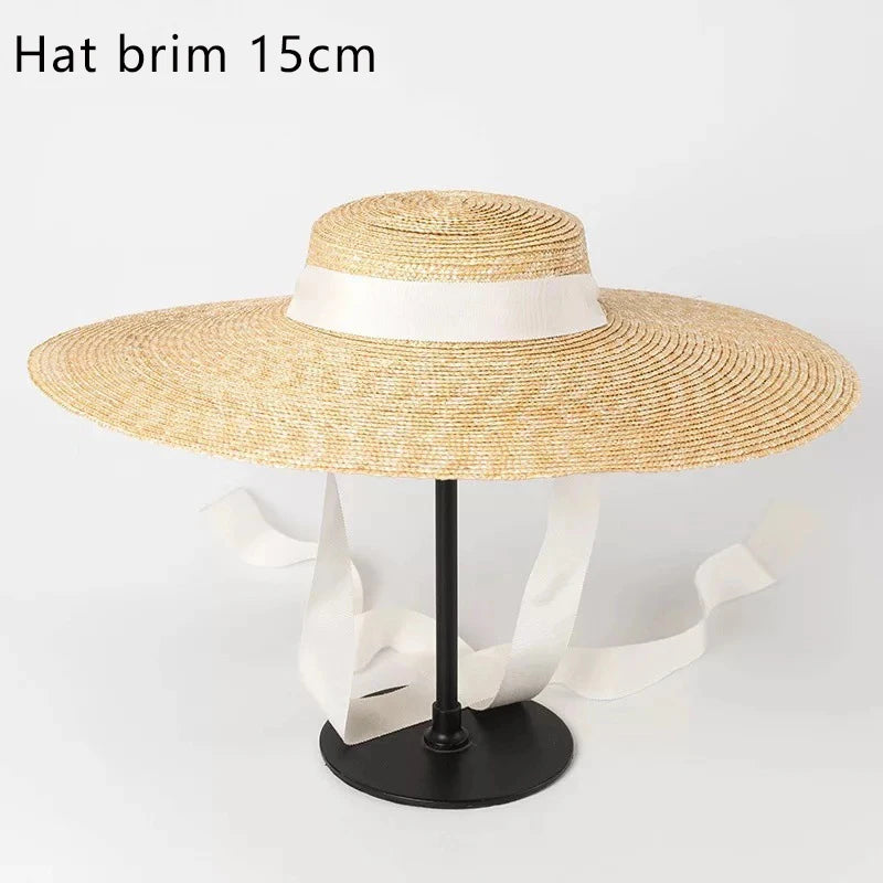 Summer Raffia Women Long Ribbon Wide Brim Beach Hat