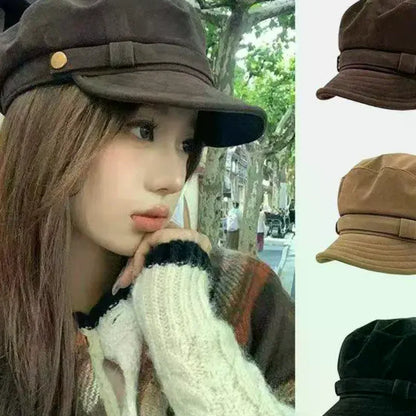 Retro Suede Beret Hat For Women Flat Top Newsboy Cap