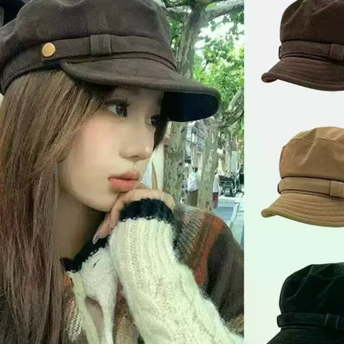 Retro Suede Beret Hat For Women Flat Top Newsboy Cap