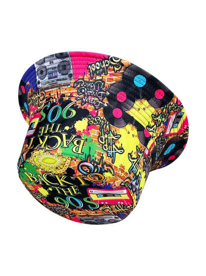 Retro Nostalgic Graffiti 90S Fisherman Hat, Personalized Trendy Printed Unisex Sun Hat