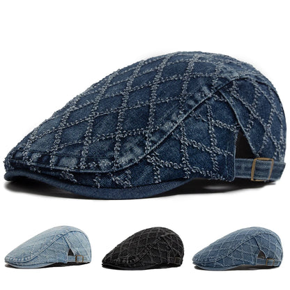Denim Plaid Vintage Men Berets Washed Cotton Women's Beret Retro