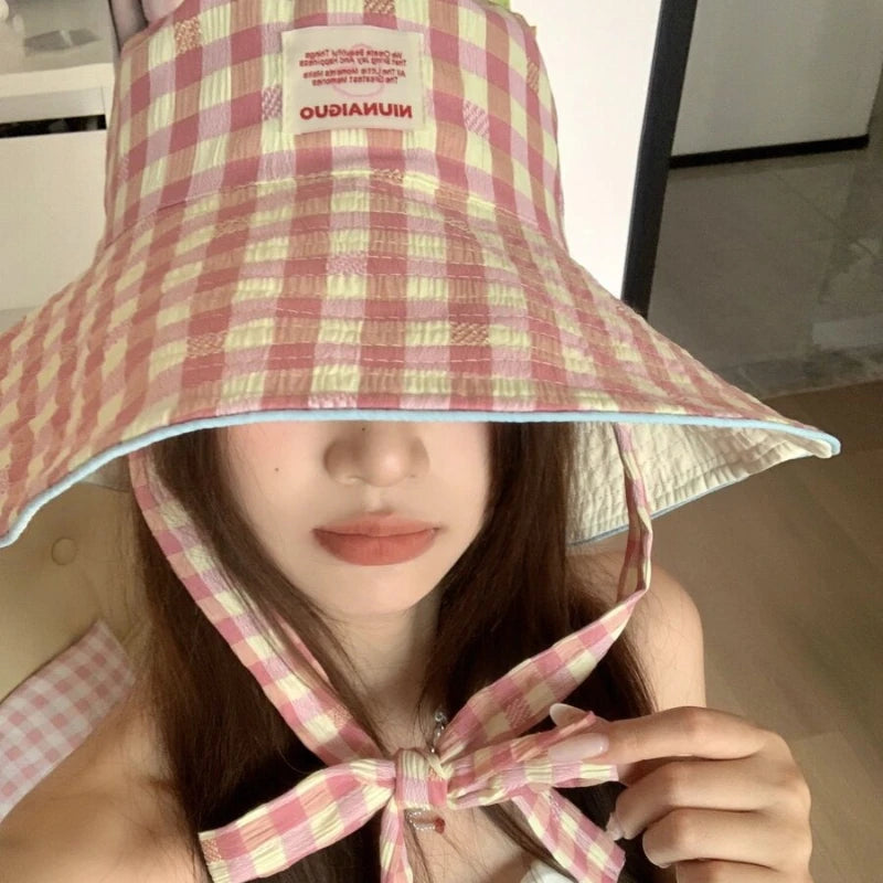 Retro Ins Sweet Plaid Tie Strap Bucket Hat