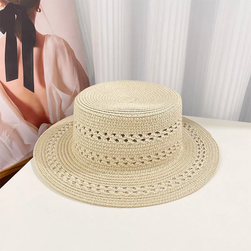 Woven Flat-Top Straw Hat For Women Summer