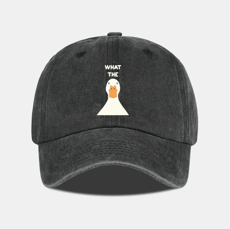 Washed Baseball Cap With What The Duck Print  Adjustable Curved Brim Dad Hat For Casual Streetwear & Daily