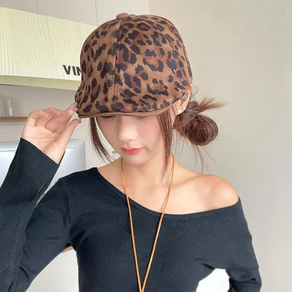 Female Leopard Print Peaked Cap British Style Autumn Winter Berets Hats