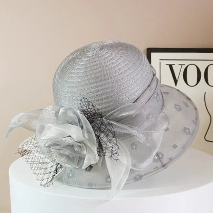 Fashion Hat Women Top Hat Elegant Organza Flower Wide Brim Sun Hat