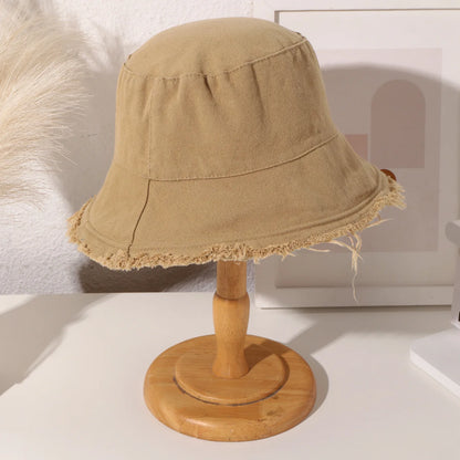 Women's Frayed Edge Bucket Hat Cotton Black Fisherman Cap