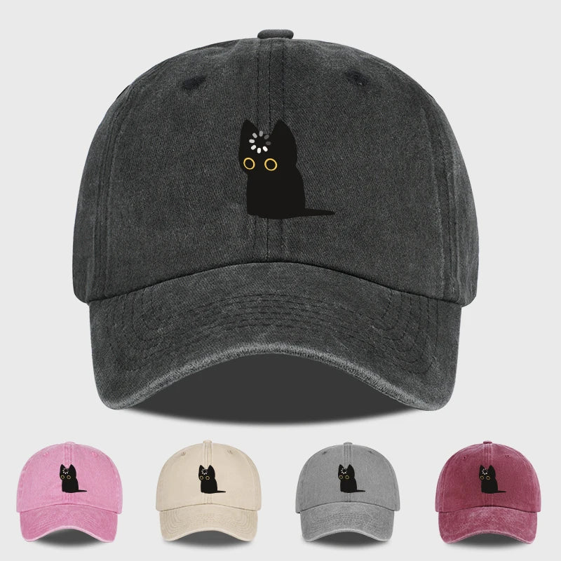Cute Black Cat Print Washed Baseball Cap Soft