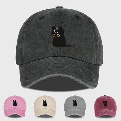 Cute Black Cat Print Washed Baseball Cap Soft
