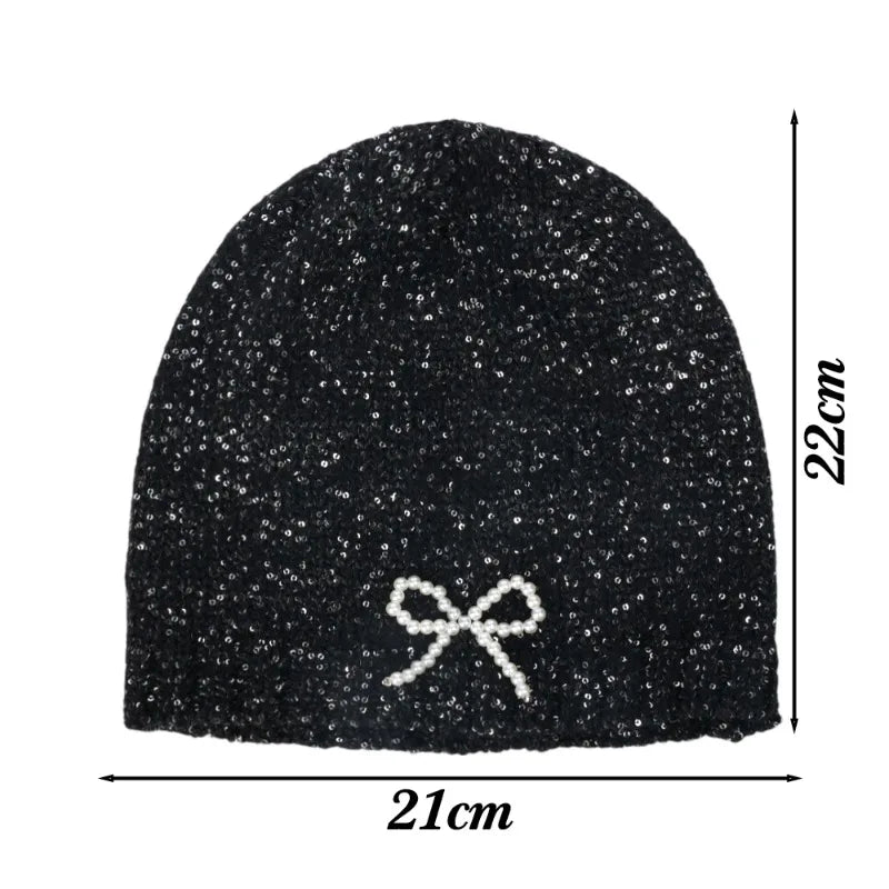 Sparkling Sequined Knitted Hat Girls Sequin Bowknot Cap Women Pearl Bow Dome Hats