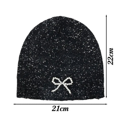 Sparkling Sequined Knitted Hat Girls Sequin Bowknot Cap Women Pearl Bow Dome Hats