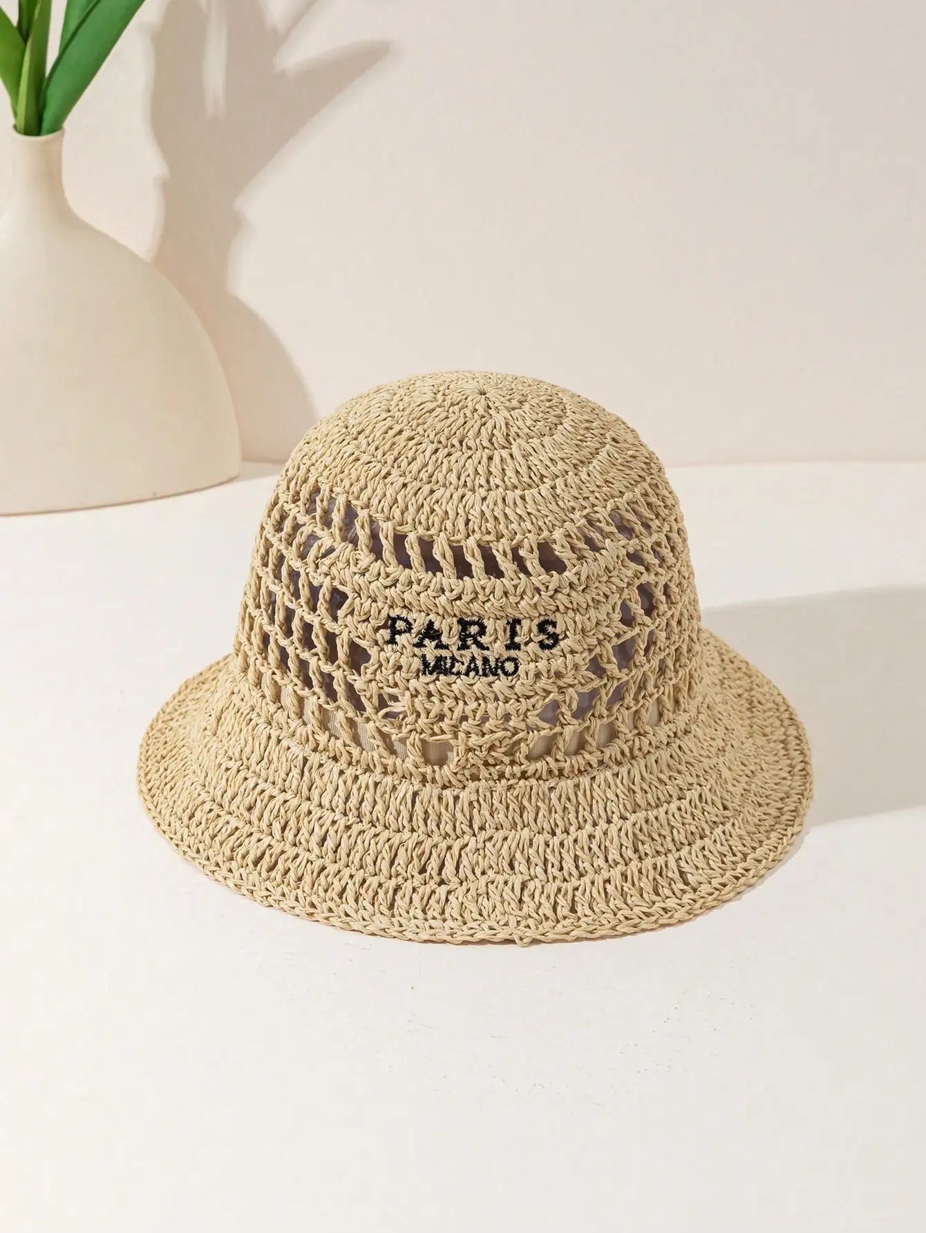 Inverted Triangle Letter Embroidery Handmade Crocheted Straw Hat