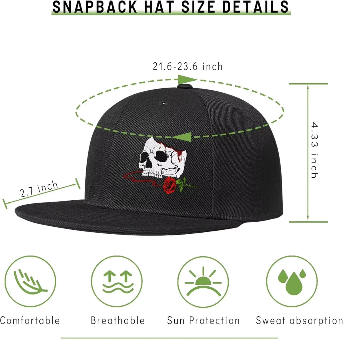 Flat Bill Hats For Men Snapback Skull Hats Black Hat For Teen Boys Skateboard Hats Baseball Cap