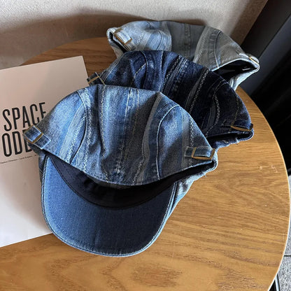 Korean Style Denim Striped Newsboy Baker Boy Cap