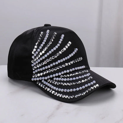 Satin Imitation Pearl Rhinestone Breathable Baseball Cap