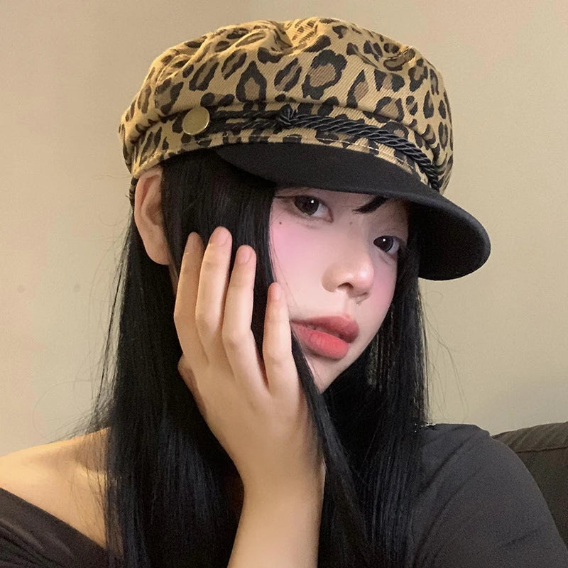 Women Leopard Berets Autumn Winter Vintage Octagonal Cap