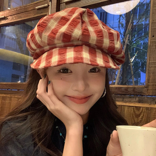 Fashion Plaid Beret Hat Girls Retro Octagonal Hat