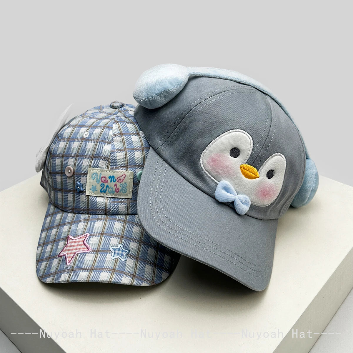 Korean Style Women Cartoon Cat Bear Ears Baseball Cap Plaid Sunshade Wing Versatile Penguin Peaked Cap
