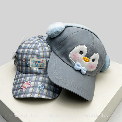 Korean Style Women Cartoon Cat Bear Ears Baseball Cap Plaid Sunshade Wing Versatile Penguin Peaked Cap