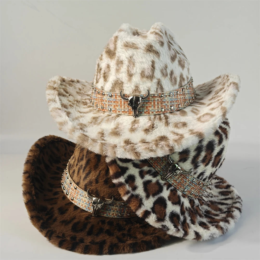 Leopard Print Rabbit Fur Western Cowboy Fedora Hat