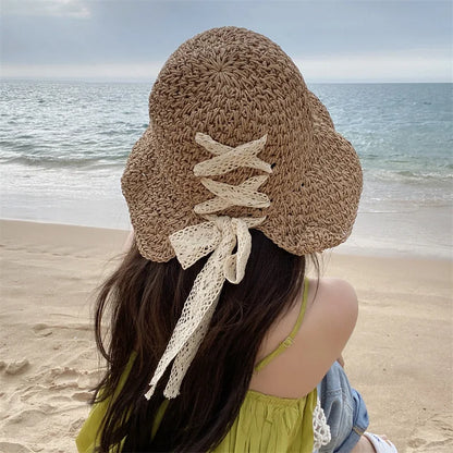 Straw Hat Women's Lace Bow Hollow Crochet Cap