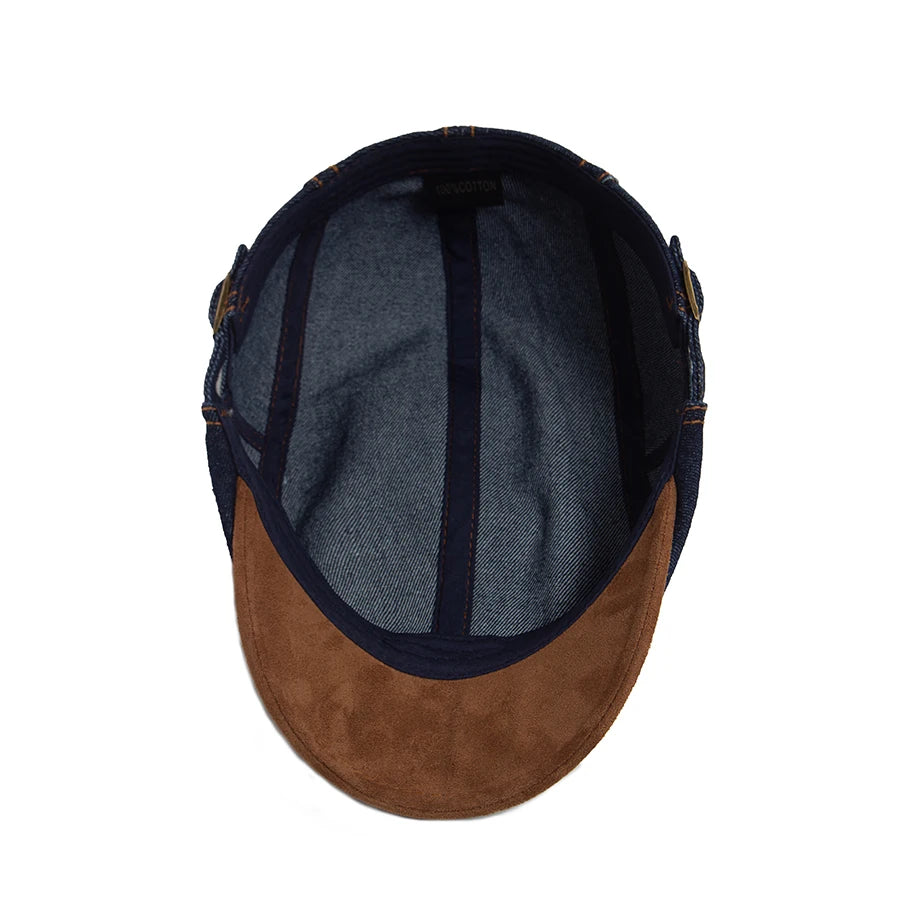 New Patchwork Brown Brim Denim Flat Hat Retro Men And Women