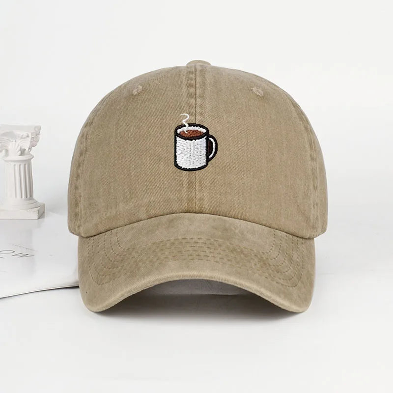 Embroidered Coffee Cup Print Washed Baseball Cap