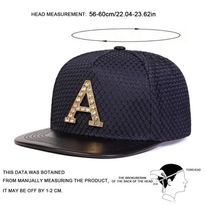 Unisex Metal Strip Drill A Letter Label Mesh Hip Hop Hat