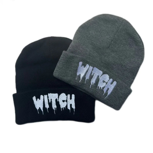 Halloween Witch Embroidered Beanie, Unisex Knit Winter Hat