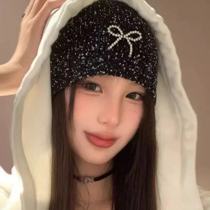 Sparkling Sequined Knitted Hat Girls Sequin Bowknot Cap Women Pearl Bow Dome Hats
