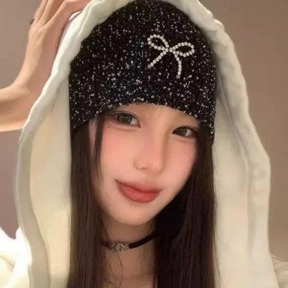 Sparkling Sequined Knitted Hat Girls Sequin Bowknot Cap Women Pearl Bow Dome Hats