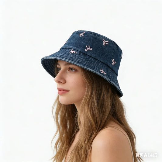 Popular Summer Embroidery Butterfly Washed Denim Bucket Hat