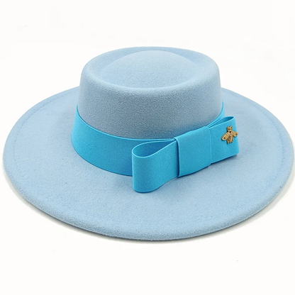 Bow Tie Fedora Hat Winter Round Bumpy Surface Flat Top