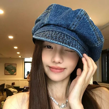 Japanese Retro Denim Cloud Berets Cap For Women