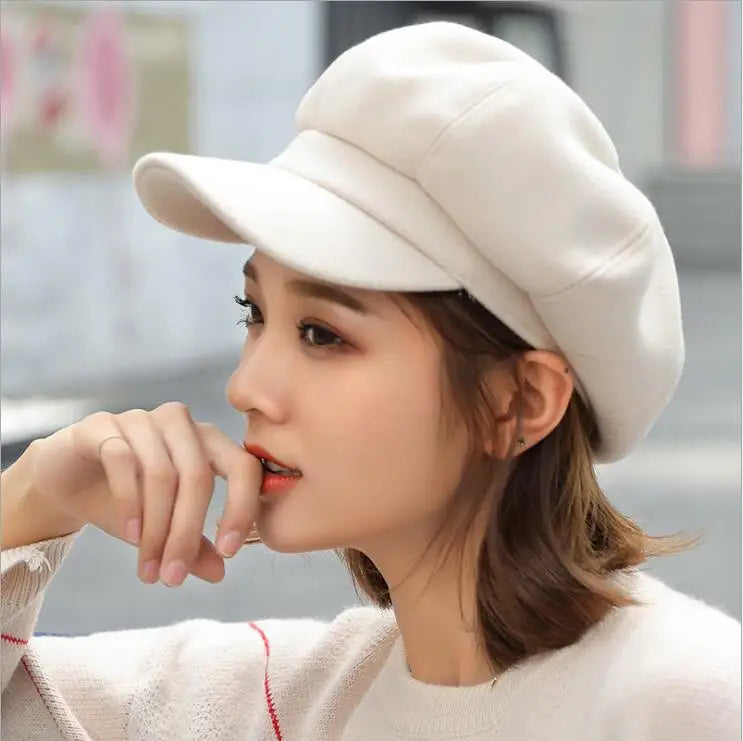 Autumn Winter Hats For Women Solid Plain Octagonal Newsboy Cap