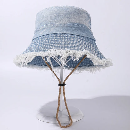 Retro Denim Bucket Hat Women Frayed Raw Hem Sun Caps