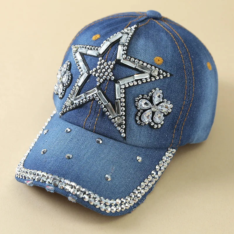 Denim Fashion Cap, Point Diamond Star Baseball Cap