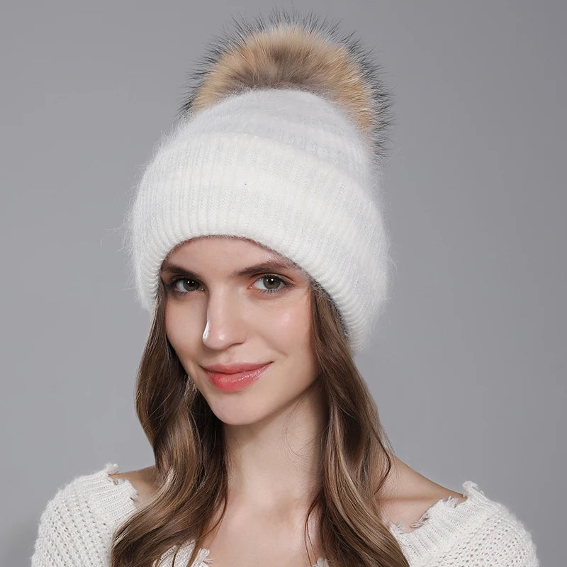 Hat For Women Angora Rabbit Fur Beanies With Natural Raccoon Fur Pompom Hats